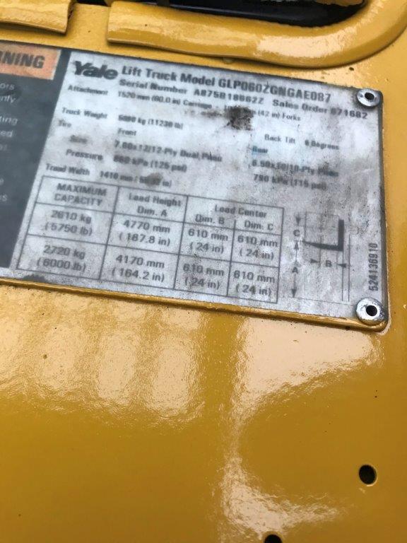 Model GLP060ZGNGAE087 yellow yale forklift with serial number A875B1862Z for sale